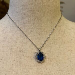 Sapphire Blue Crystal Pendant and Silver Necklace NWOT